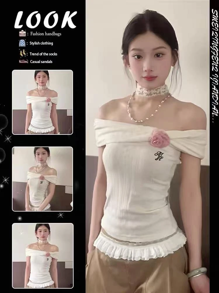 纯欲甜辣妹白色一字肩短袖t恤女设计感小众花朵百搭温柔风ins上衣