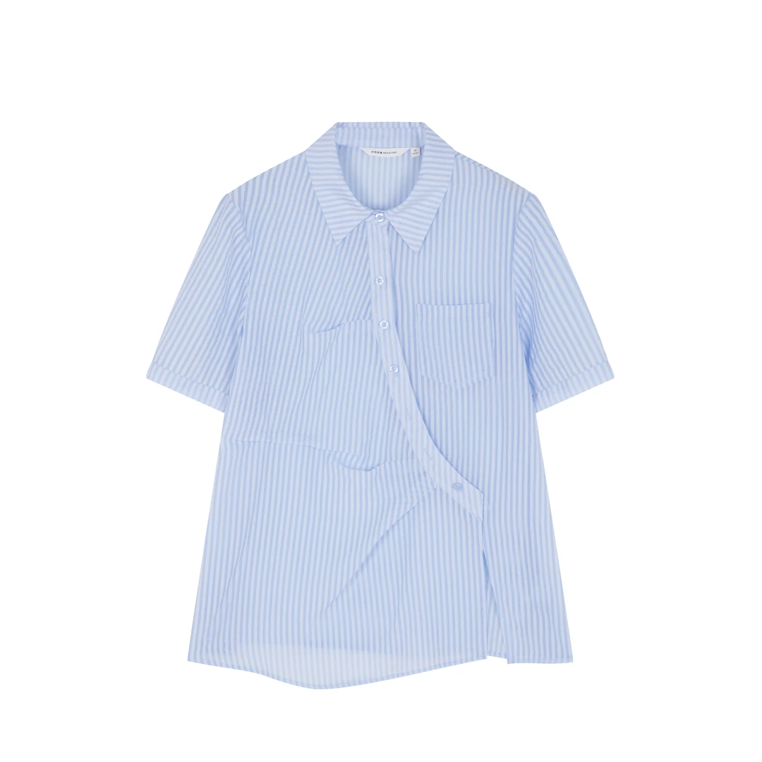 沫晗依美设计不对称休闲条纹短袖衬衫秋夏季百搭宽松时髦衬衫8477