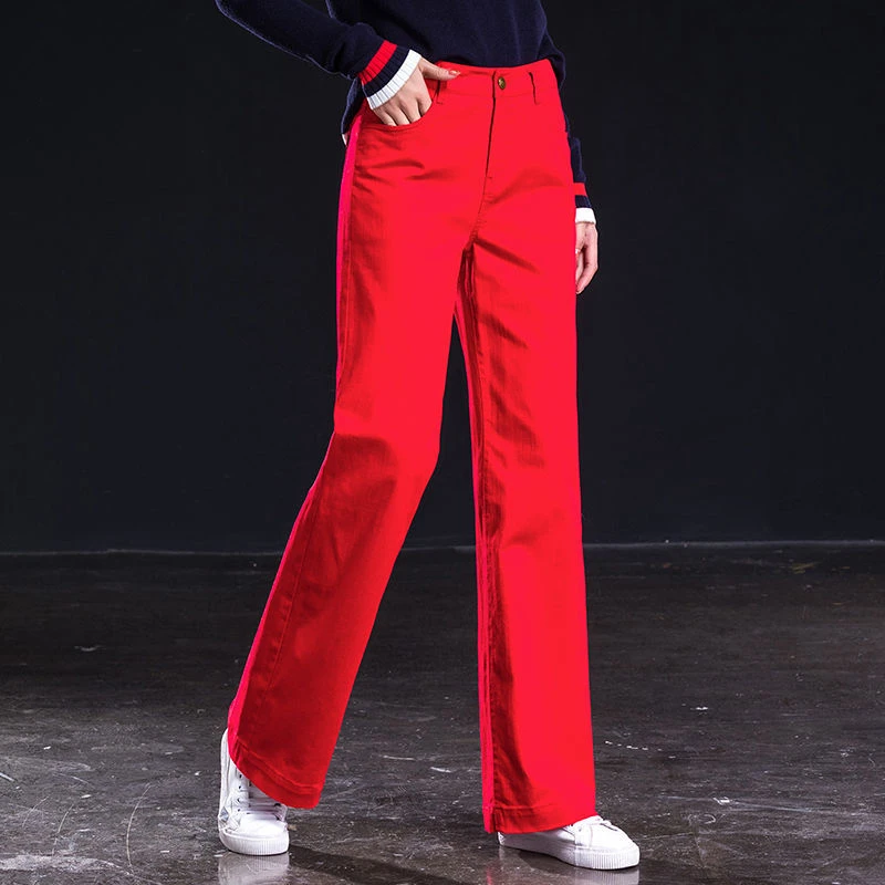 红色高腰女士牛仔裤宽松爆款2025冬季加绒显瘦休闲直筒阔腿牛仔裤