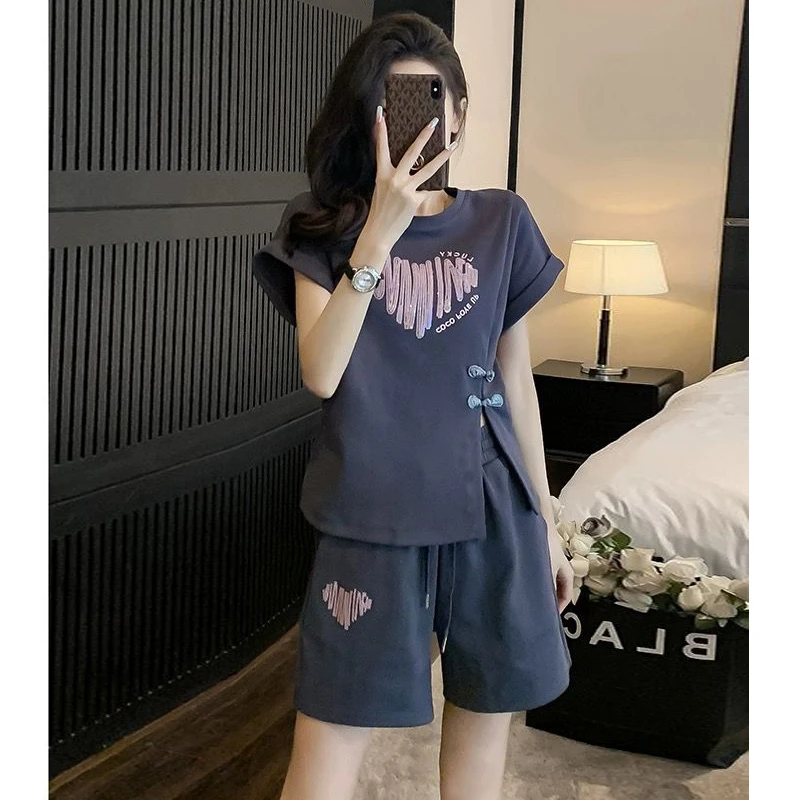 X1243-1现时尚宽松休闲短袖短裤套装2024夏新中式国风洋气两件套