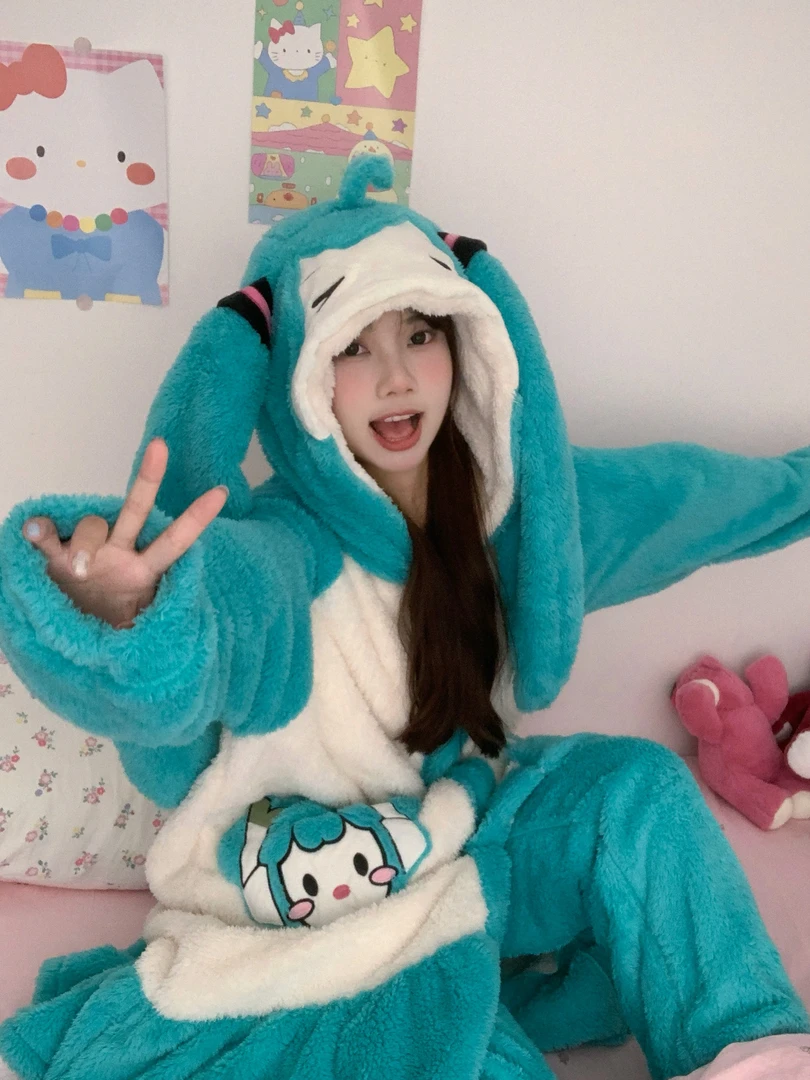 初音未来miku睡衣珊瑚绒加绒加厚睡袍可爱卡通少女冬天家居服套装