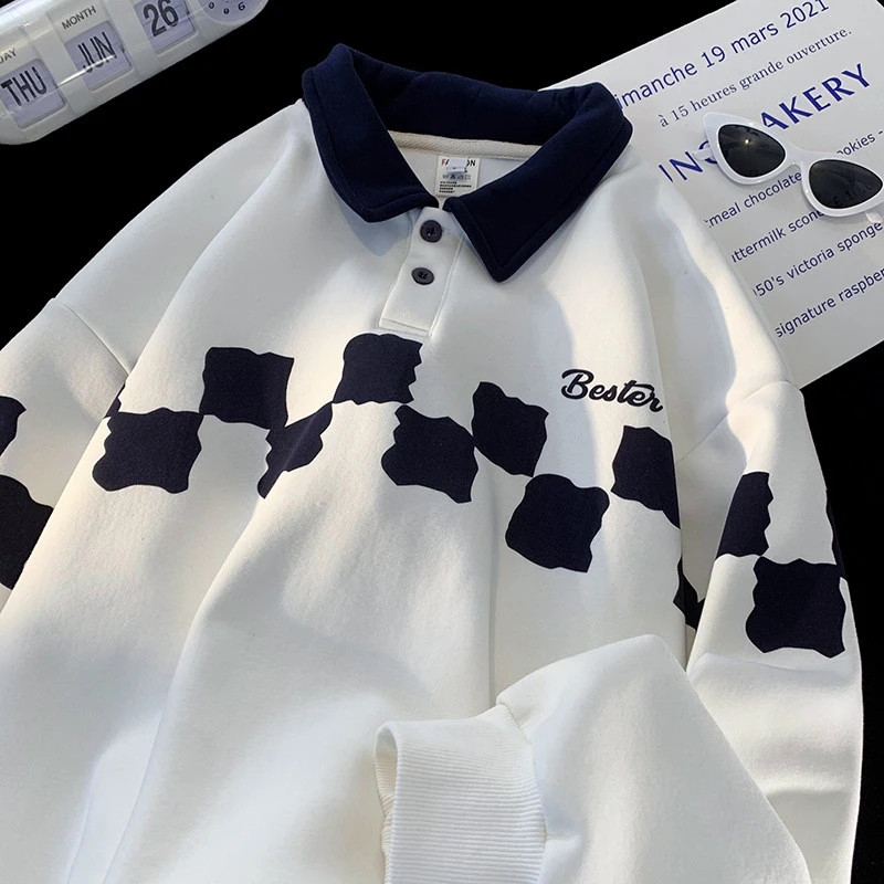 卫衣男宽松休闲百搭原宿风拼色polo领长袖打底青少年上衣潮牌外套