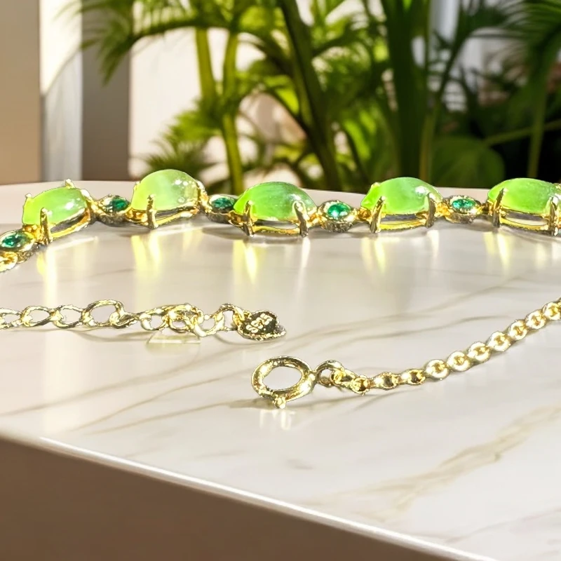 和田玉碧玉猫眼手串S925银手链气质轻奢时尚绿色镶嵌金色手链清新