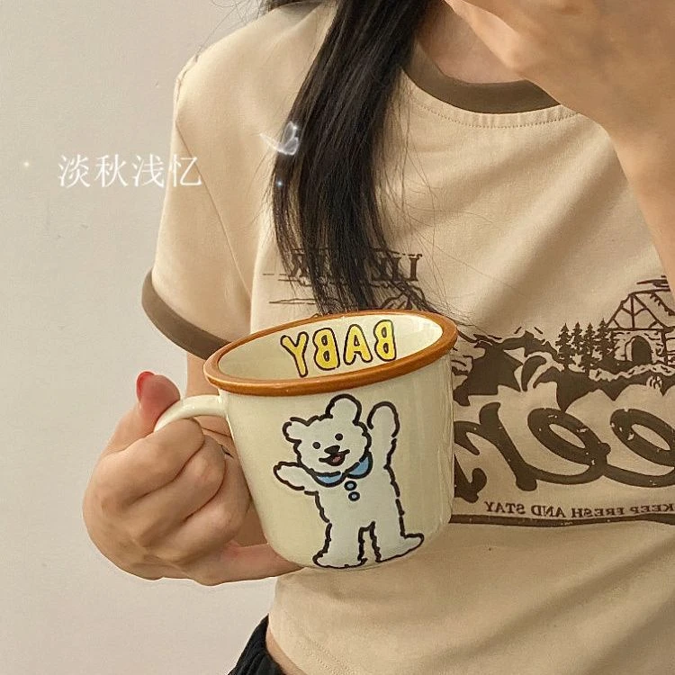 韩风卡通可爱手绘小熊小狗马克杯奶油色陶瓷早餐咖啡杯复古牛奶杯