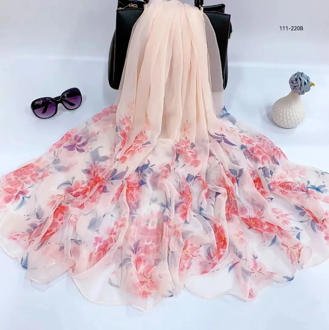 鳄鱼皱栀子花丝巾长款春夏外搭薄款春秋高档高档时尚百搭女士夏季