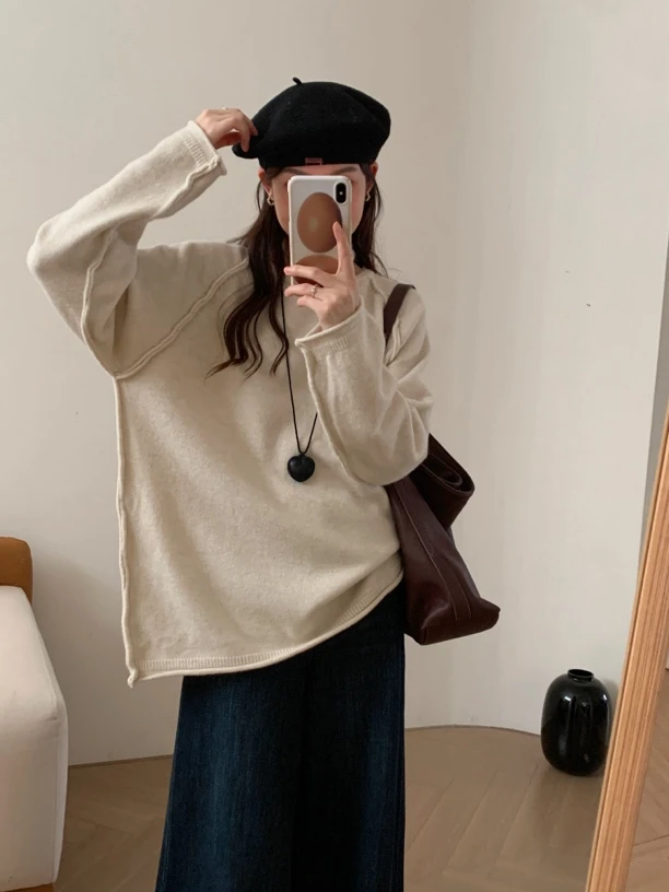 针织长袖慵懒的卷边时尚插肩袖2024秋冬套头新款休闲毛衣上衣