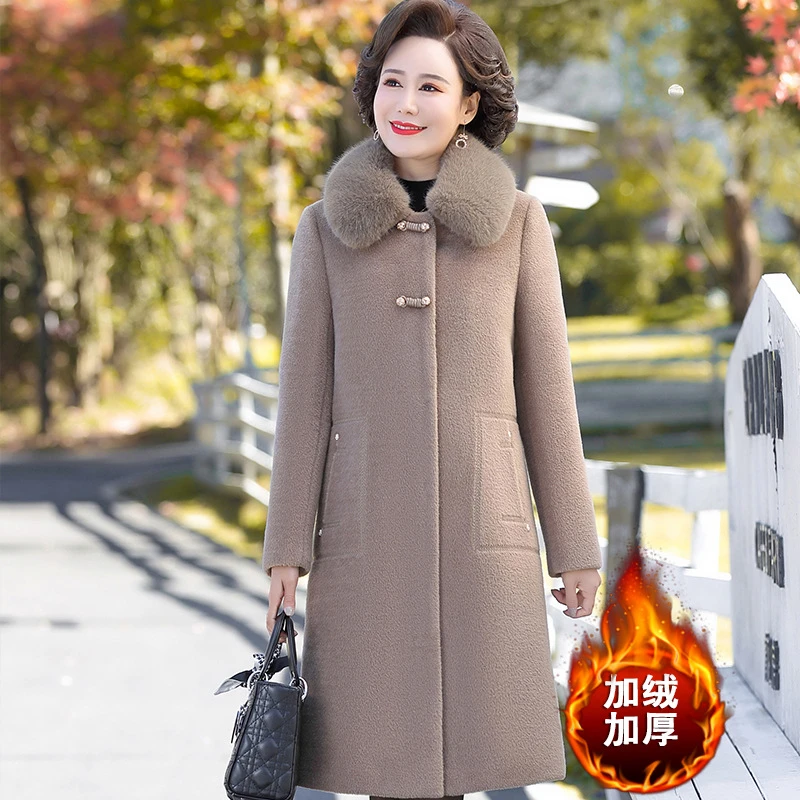 妈妈秋冬貂绒毛呢外套女中年冬季加绒加厚中长款洋气呢大衣秋冬装
