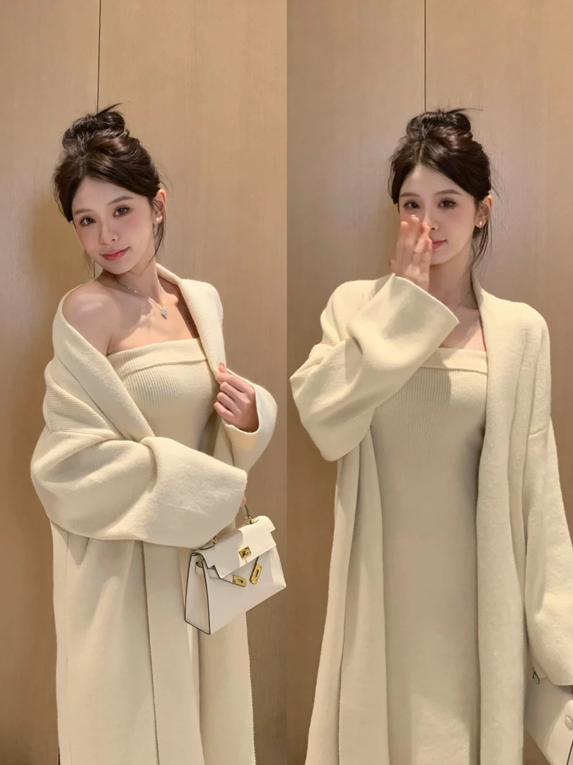 【雪雪】显瘦高级感连衣裙两件套女2023秋冬新款纯欲针织开衫套装