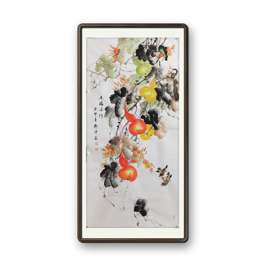 四尺竖幅花鸟葫芦五福临门画紫藤公鸡葫芦画福禄满堂画大吉图