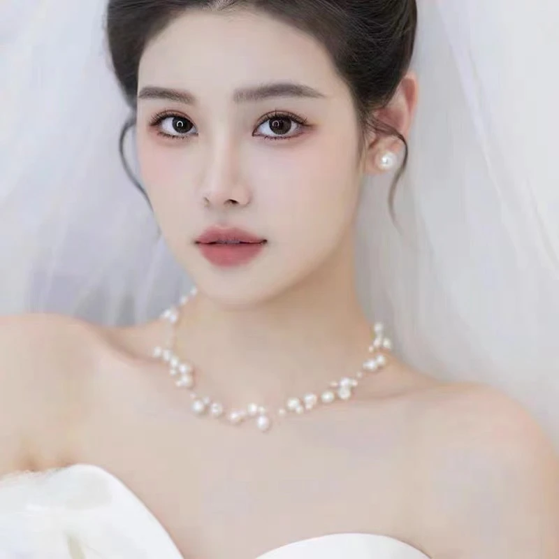 合金仿珍珠项链 3059法式珍珠多层新娘结婚婚纱项链锁骨链轻奢