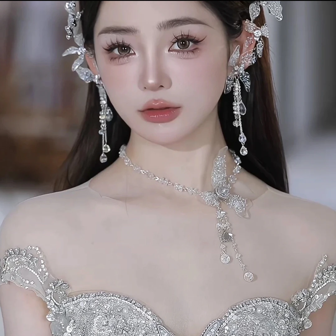 铜合金项链 2755新款超仙水凝胶锆石蝴蝶新娘项链耳饰