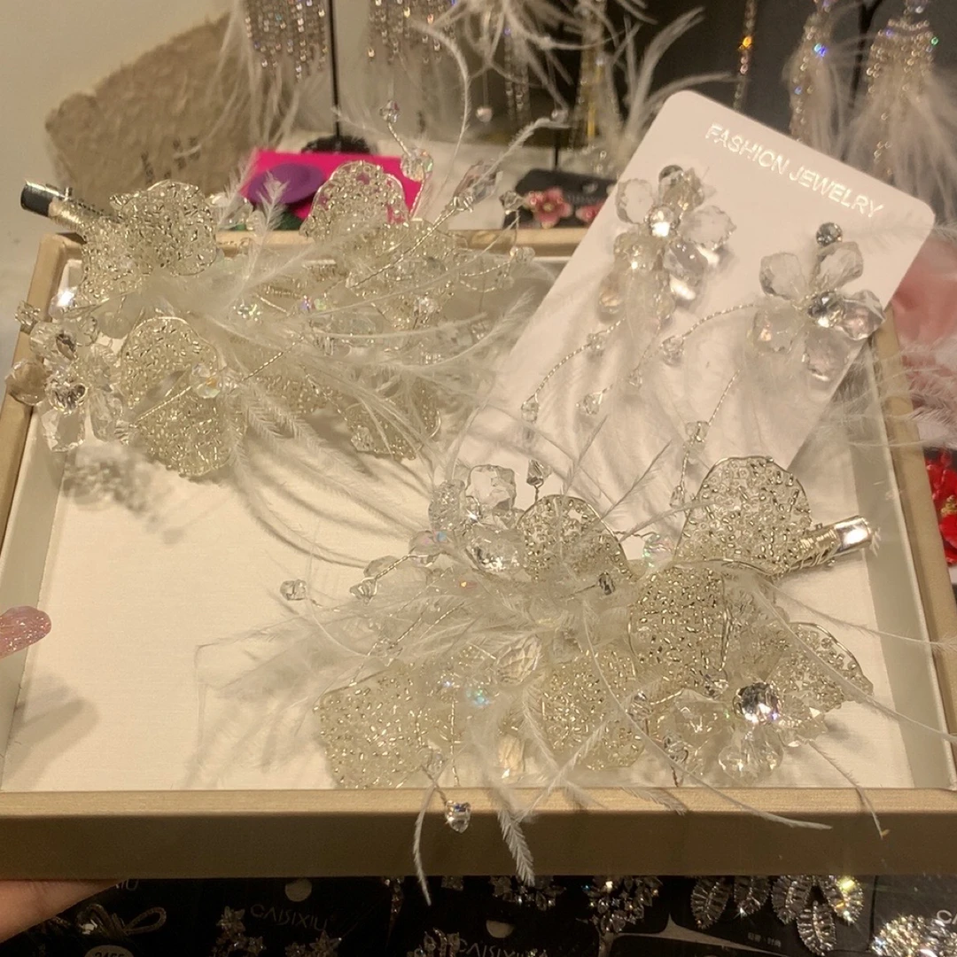 合金羽毛耳饰 2405新娘重工羽毛边夹质感轻奢大气