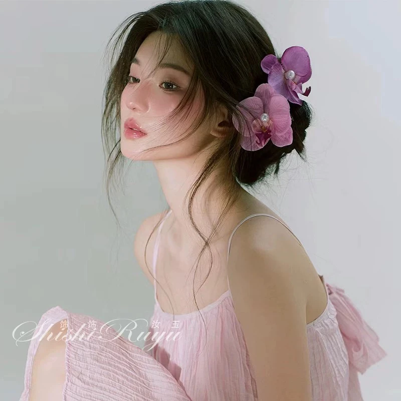 1106彩妆婚嫁饰品超仙蝴蝶兰花法式温柔复古发夹