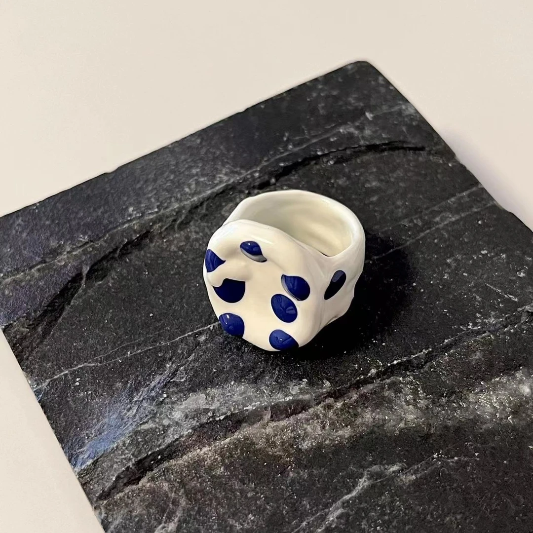 合金戒指 趣味手绘 蓝色波点 手工戒指
