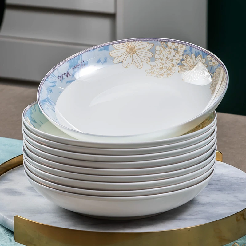 时光漫步陶瓷盘子菜盘子家用8英寸圆形深盘10个家用骨瓷餐具