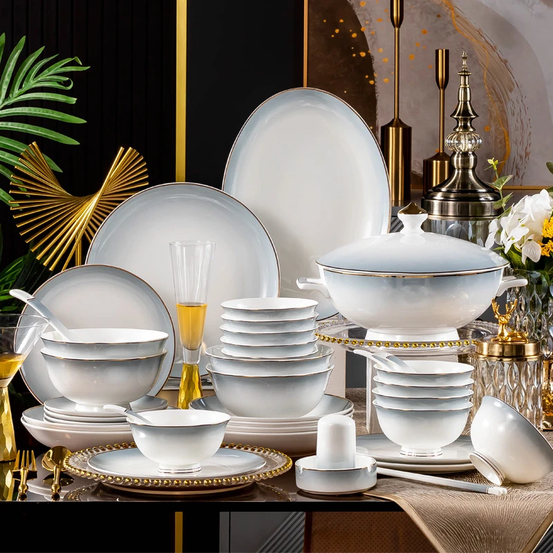 【描金渐变陨灰73件套骨瓷套装】景德镇骨瓷餐具套装2025乔迁送礼