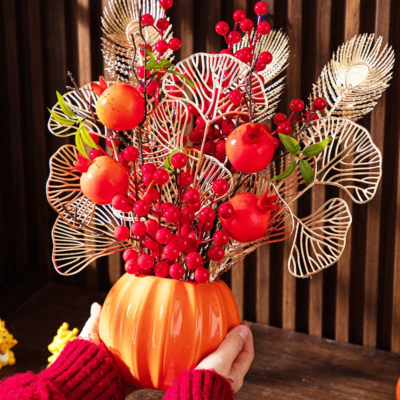 【轻奢南瓜摆件】装饰品摆件装饰品电视柜摆件仿真花石榴花高端