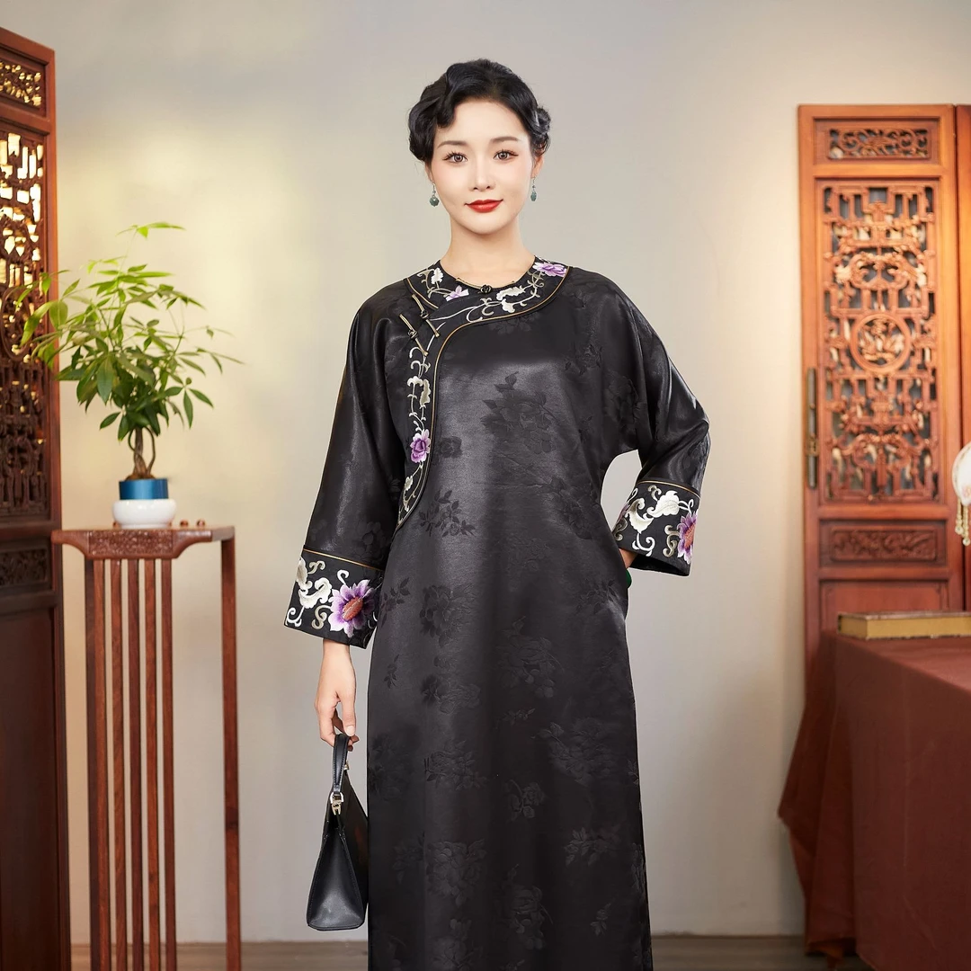 华族经典【南歌初予】60重锻桑蚕丝香云纱手工绣花中式袍子连衣裙