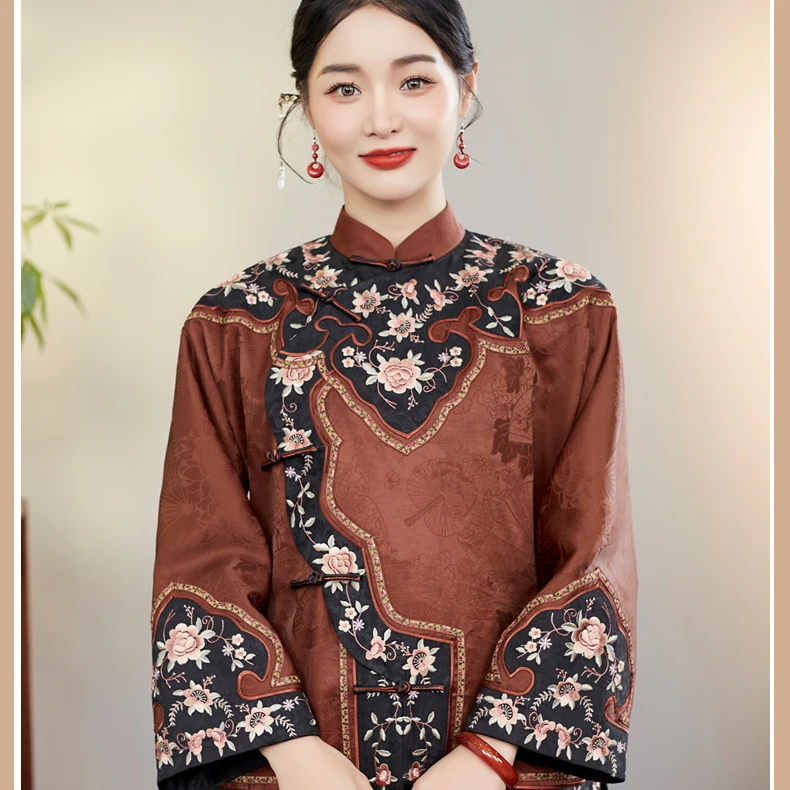 华族经典【岁月生香】国风女新款高端刺绣桑蚕丝红云纱复古旗袍上衣