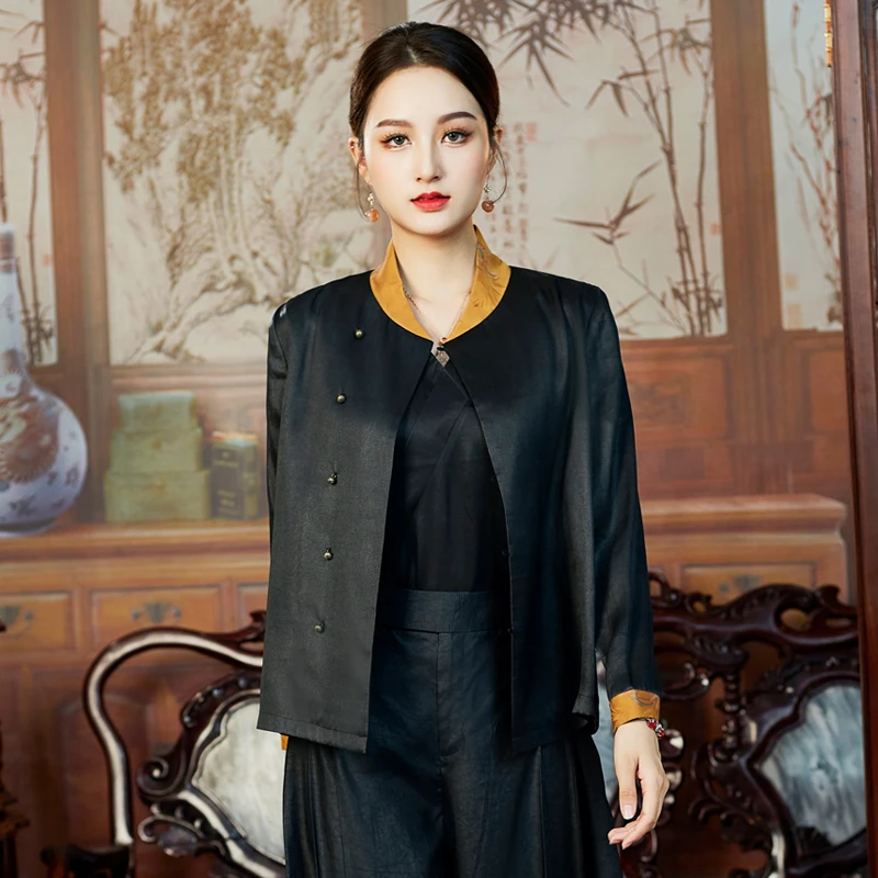 华族经典{含香远}黑色时尚百搭中式衬衫女长袖外套
