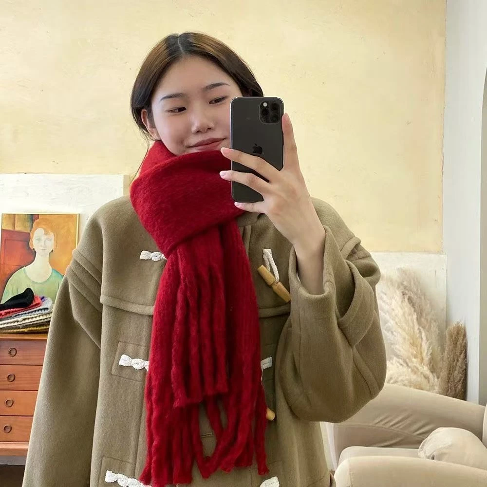 新年圣诞红色纯色针织流苏围巾