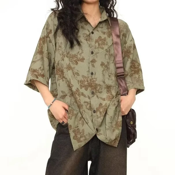 美式复古短袖花衬衫港风男女夏季新款宽松设计感小众休闲情侣上衣
