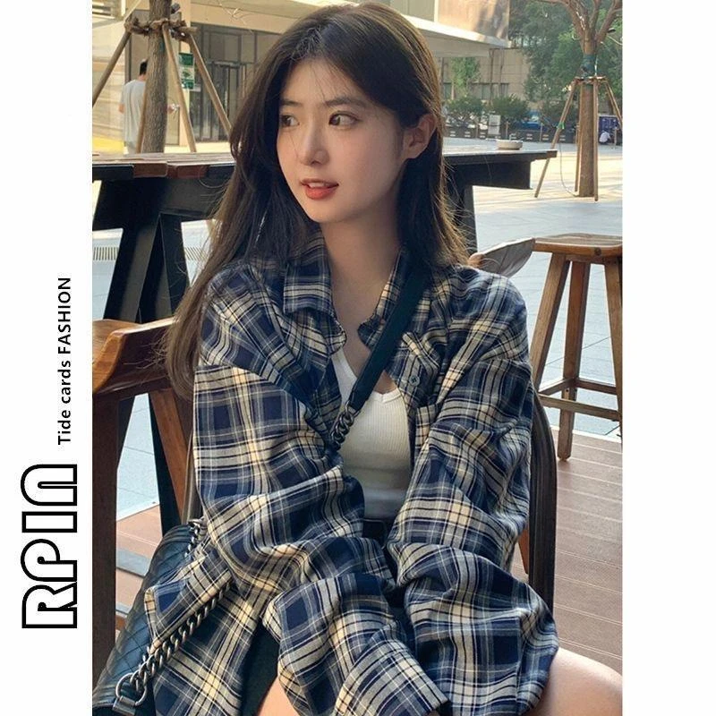 幂式穿搭格子衬衫慵懒风复古春秋季宽松衬衣开衫百搭韩版长袖外套