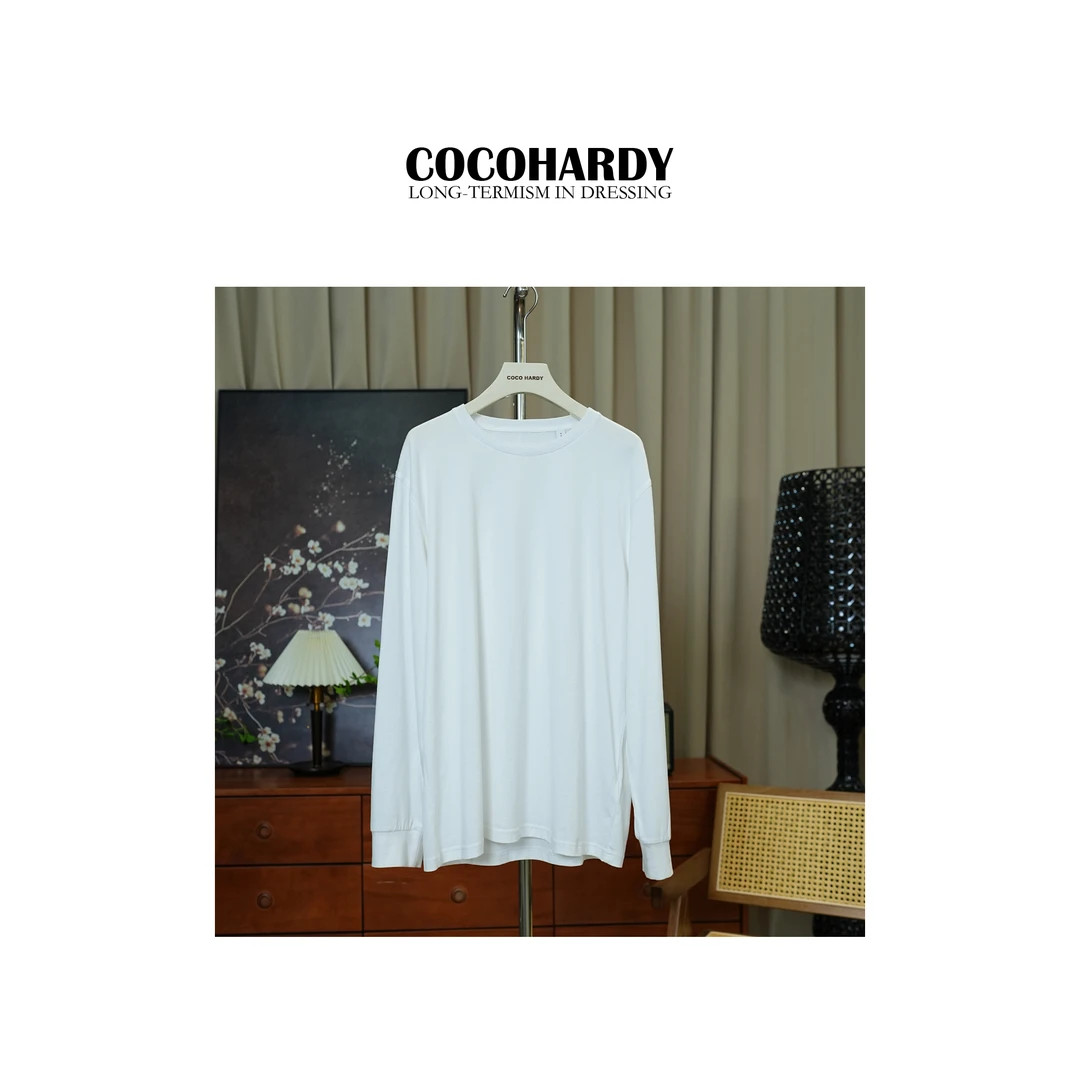 COCOHARDY松弛慵懒白色净版打底t恤长袖纯棉可外穿圆领长袖百搭
