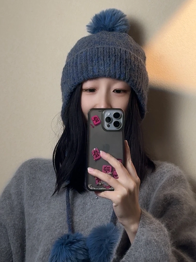 【三毛球护耳毛线帽】秋冬女保暖针织帽时尚百搭显脸小防寒户外骑行