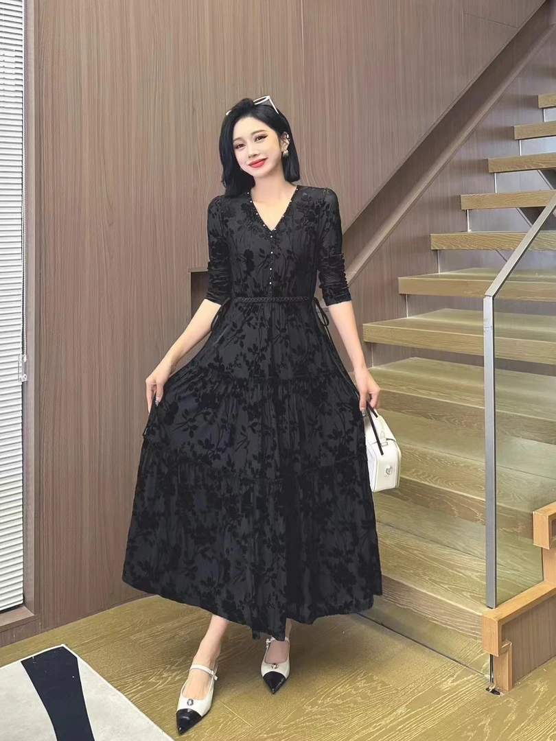 时尚典-8815收腰显瘦植绒连衣裙