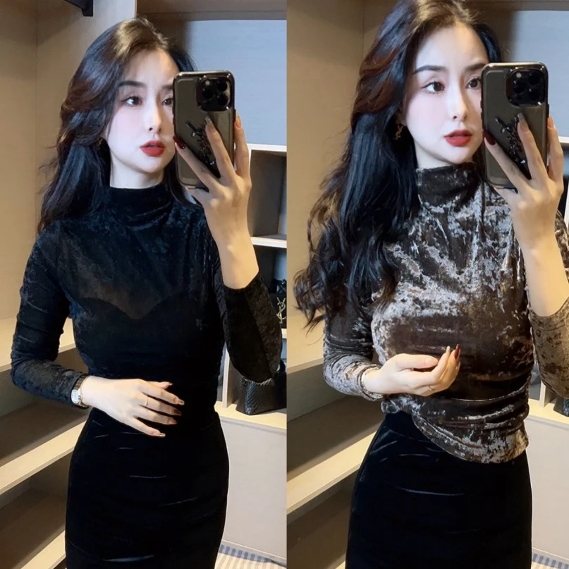 【欣欣精选】秋装新款设计感植绒半高领长袖上衣1131