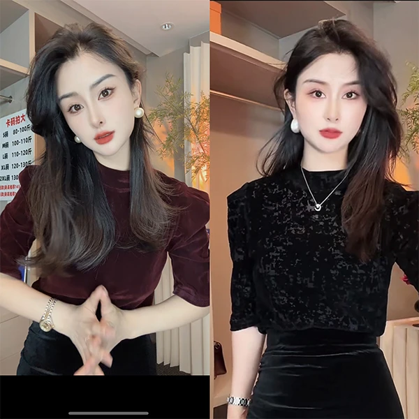 【欣欣精选】新款设计感小众气质洋气时尚黑色中袖网纱上衣0698