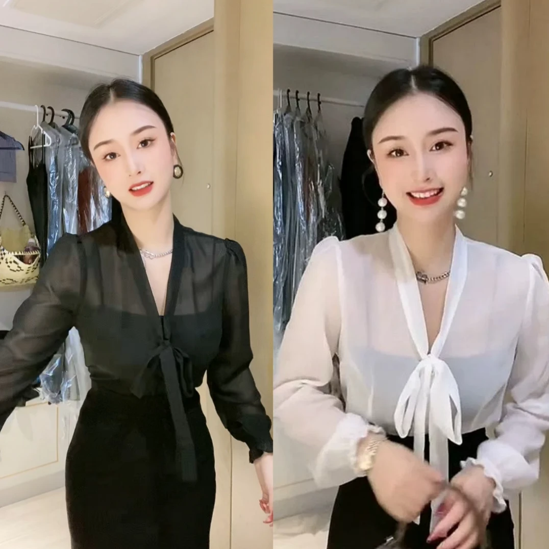 【欣欣精选】设计感雪纺上衣女春夏新款法式V领性感气质防晒衫4505