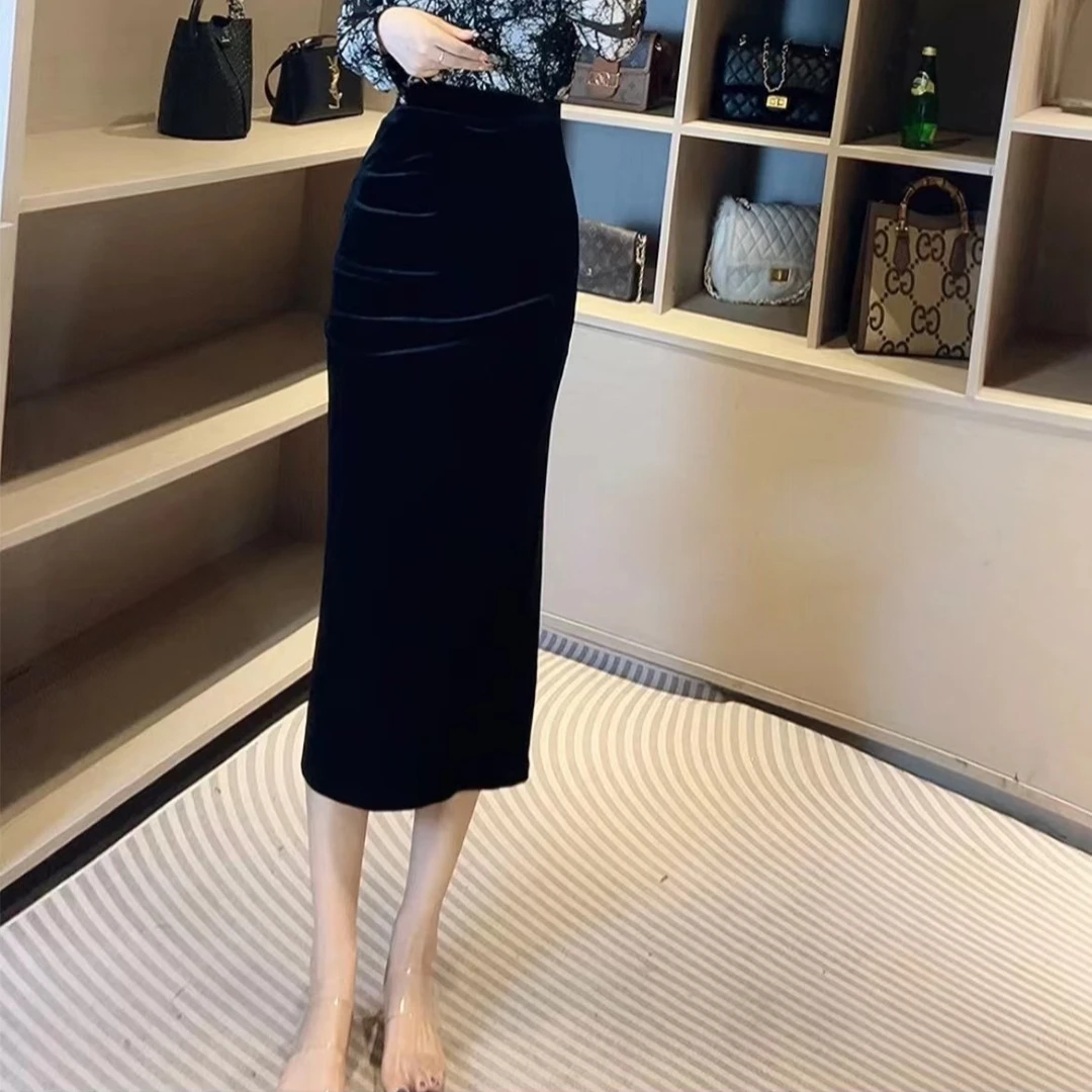 现货【欣欣精选】春装新款气质开叉丝绒裙显瘦高腰半身裙n0317