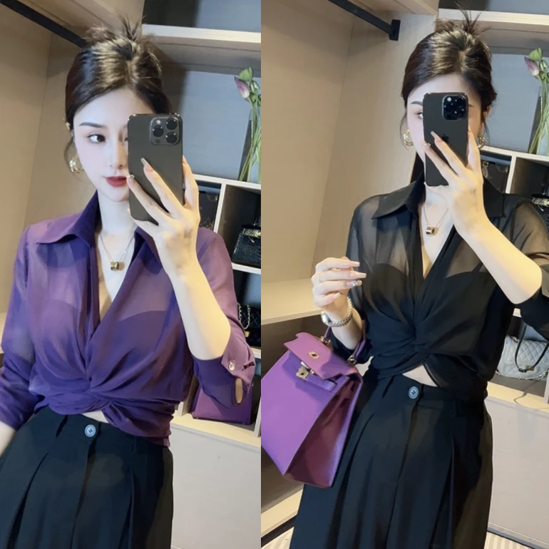 【欣欣精选】新款显瘦气质洋气无扣交叉防晒绑带衬衣百搭上衣0631