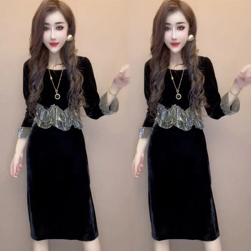 2024秋时尚收腰显瘦新款中长款连衣裙设计感拼接假两件气质裙子女