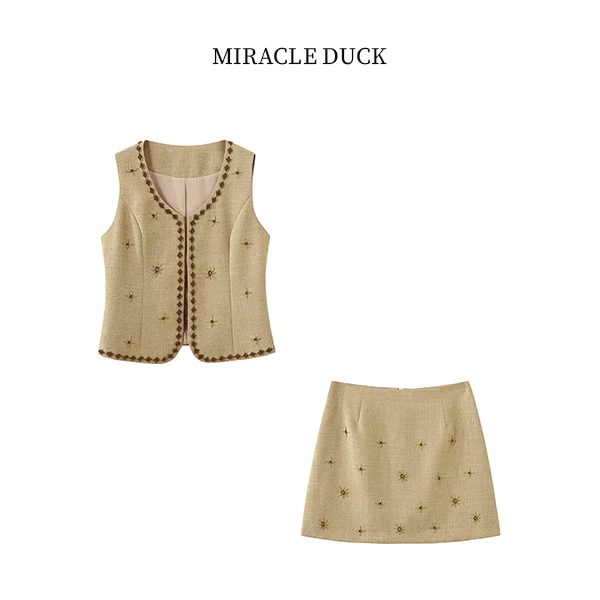 2号【摩卡棕套装】新款小香风重工钉珠卡其色马甲短裙套装C1332