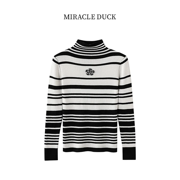 2号【条纹山茶花】秋冬百搭打底撞色条纹半高领长袖针织衫女C1413