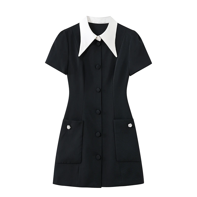 2号【尖领黑裙】新款夏季收腰翻尖领黑白色撞色短袖连衣裙女C1260