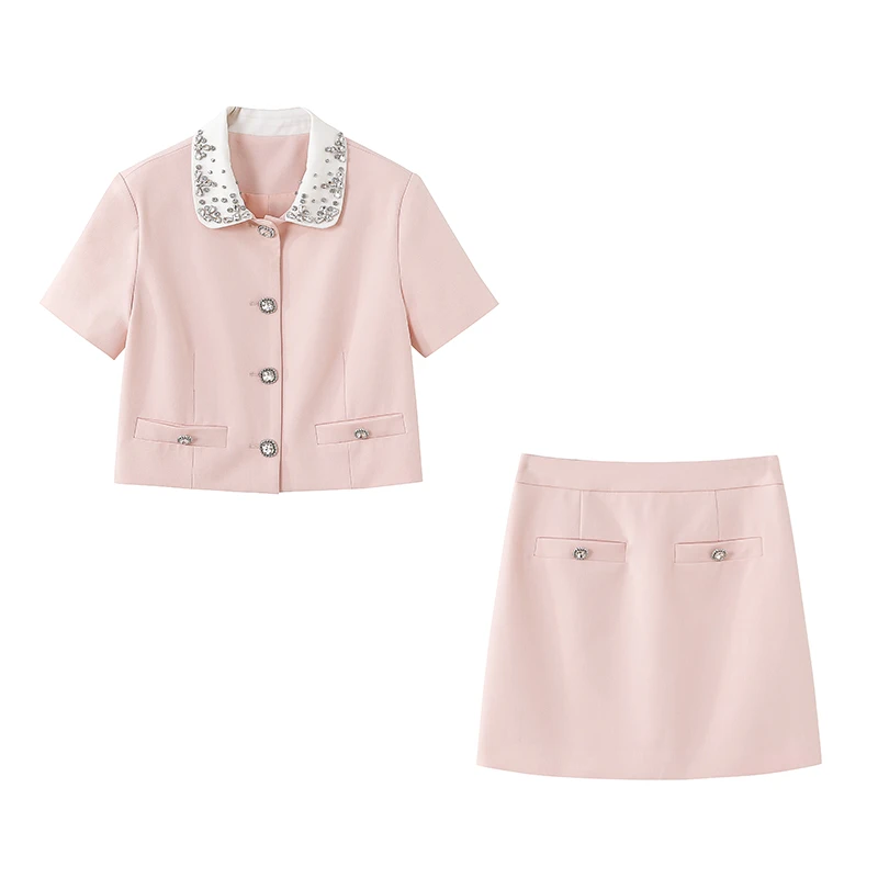 1号【燕妮同款】夏季翻驳领重工钉珠撞色拼接上衣短裙套装C1083