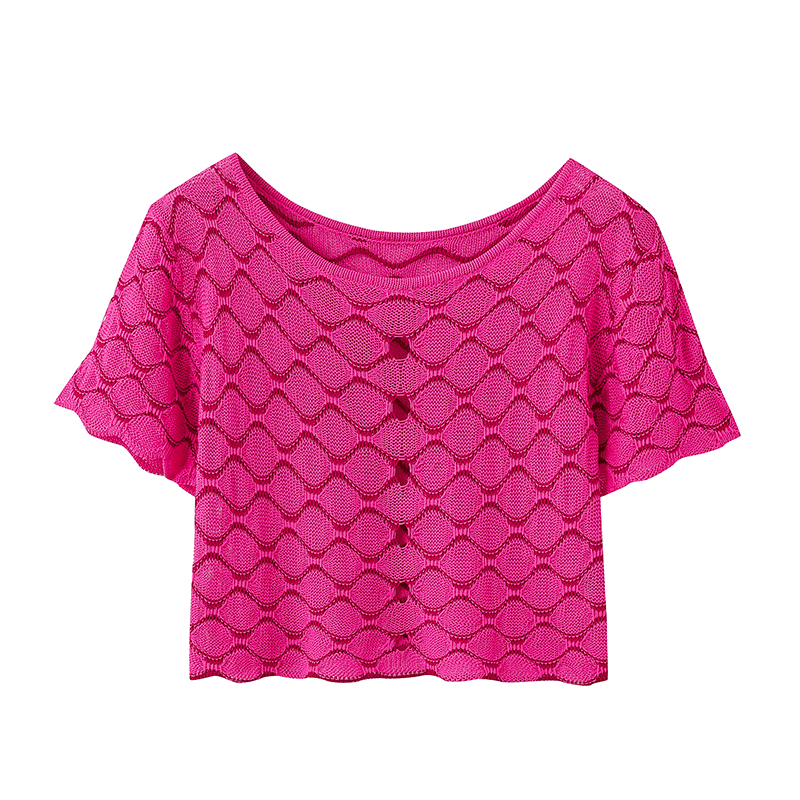 1号【玫红针织】新款时尚镂空显白短款冰丝毛衣针织衫短袖C1194