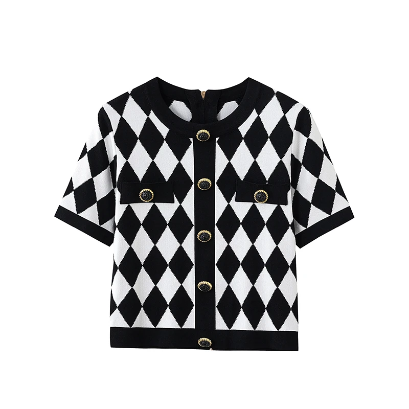 2号【黑白菱形格】 夏季透气圆领撞色菱格后拉链短袖针织衫C1301