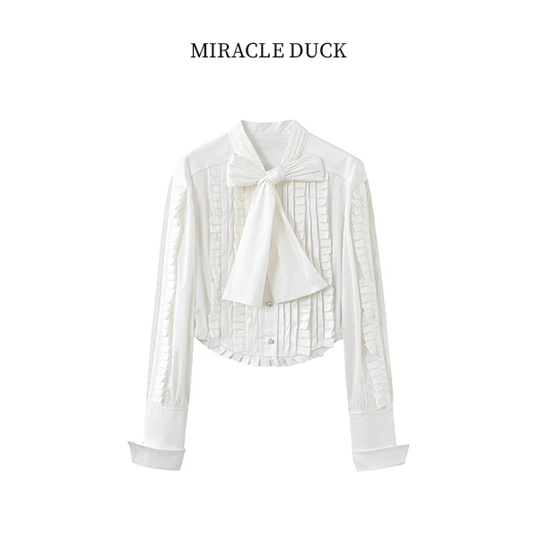 2号【微甜百利】白色设计感捏褶飘带领收腰拼接蕾丝长袖衬衫女C925