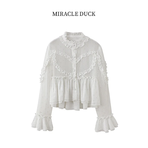 2号【银丝衬衫】新款甜美金丝微辣袖拼接花边设计衬衫C1350