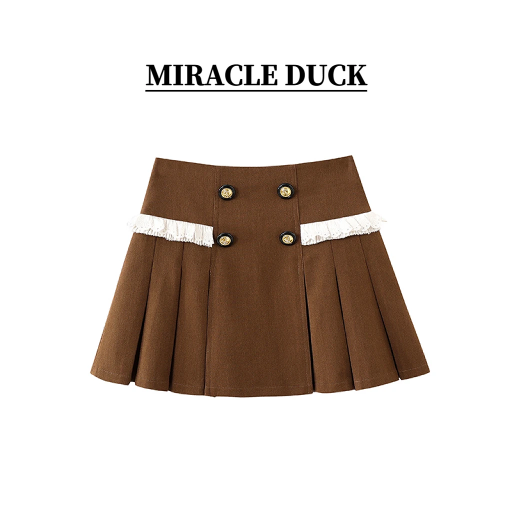 2号【美拉德系】秋冬款气质显瘦A字高腰花边拼接百褶短裙C1441