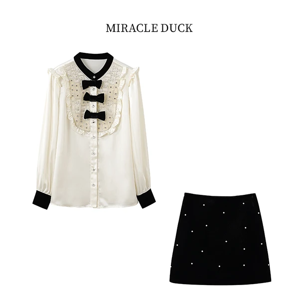 2号【巴洛克幻想】法式气质小香风钉珠花边拼接衬衫裙子套装C969