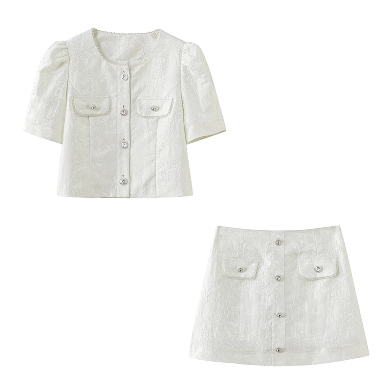 2号【精致美女】夏季精致提花钉珠泡泡袖上衣A字裙套装女士C1207