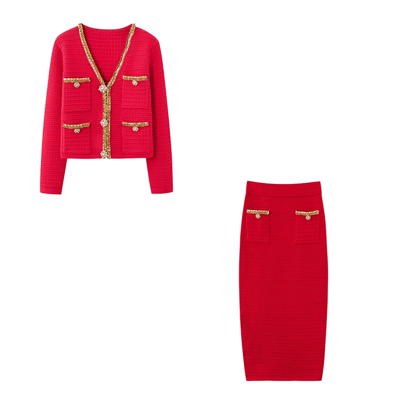 1号【微醺玫瑰】新款法式气质百搭镶钻长袖针织开衫裙子套装C878