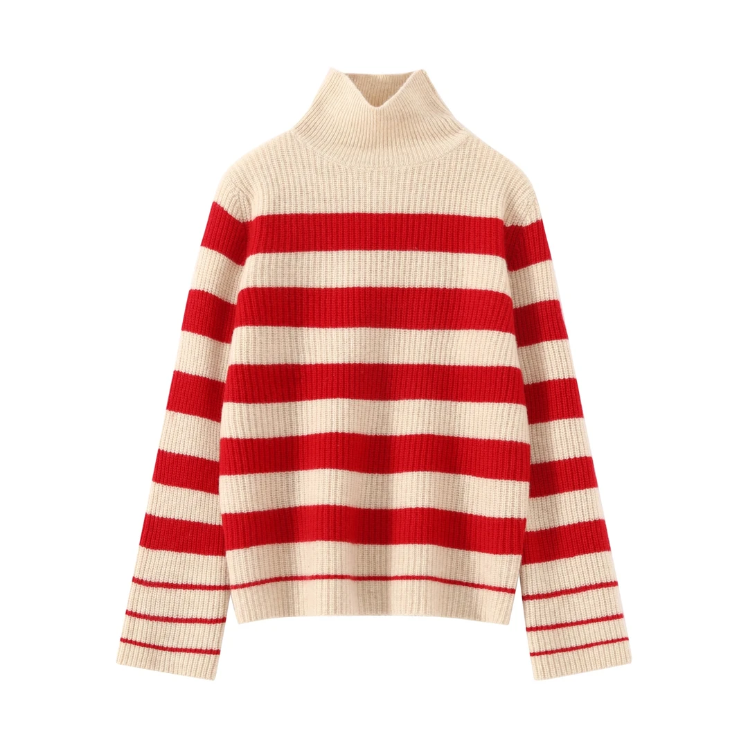 【西绒尔         100纯羊毛】秋冬款加厚宽松条纹高领纯羊毛衫1025