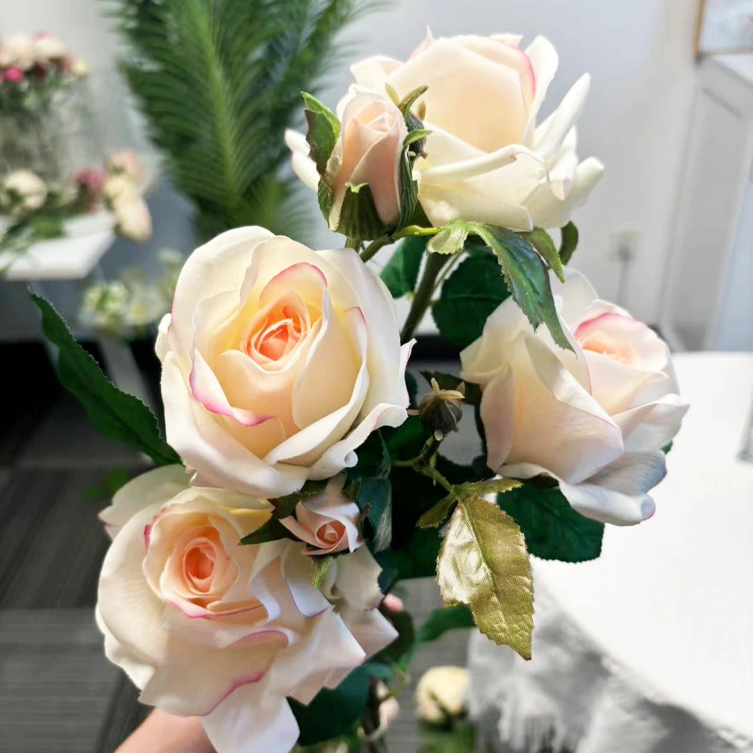 【妃子玫】三头妃子玫仿真花摄影道具餐桌摆件简约现代仿真花